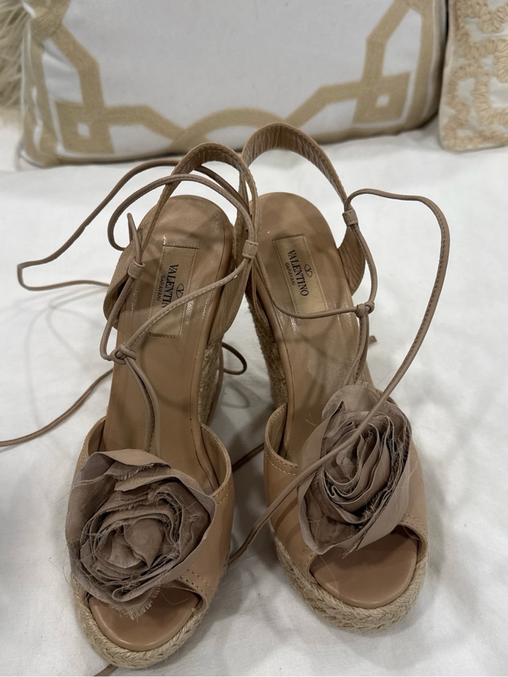 Valentino Garavani Taupe Leather Espadrille Wedge Sandals with Fabric Rose